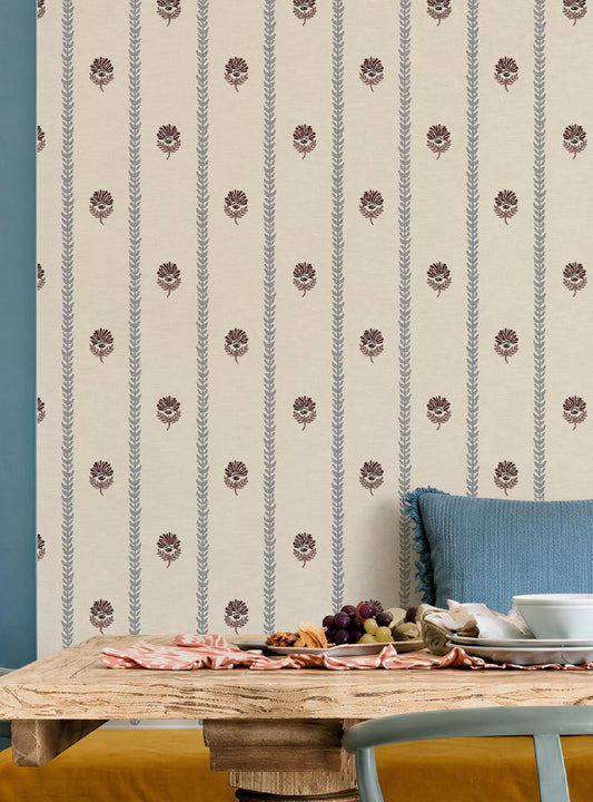 Thistle Trail Stripe Blue & Burgundy Wallpaper
