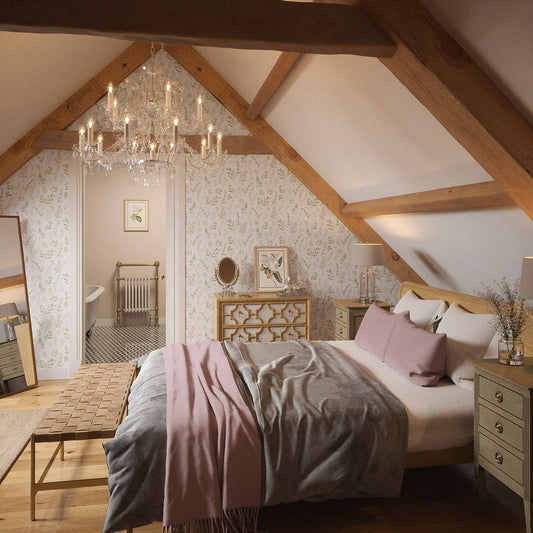 Countryside Trail Wallpaper in Blush, Olive and Sand on White
