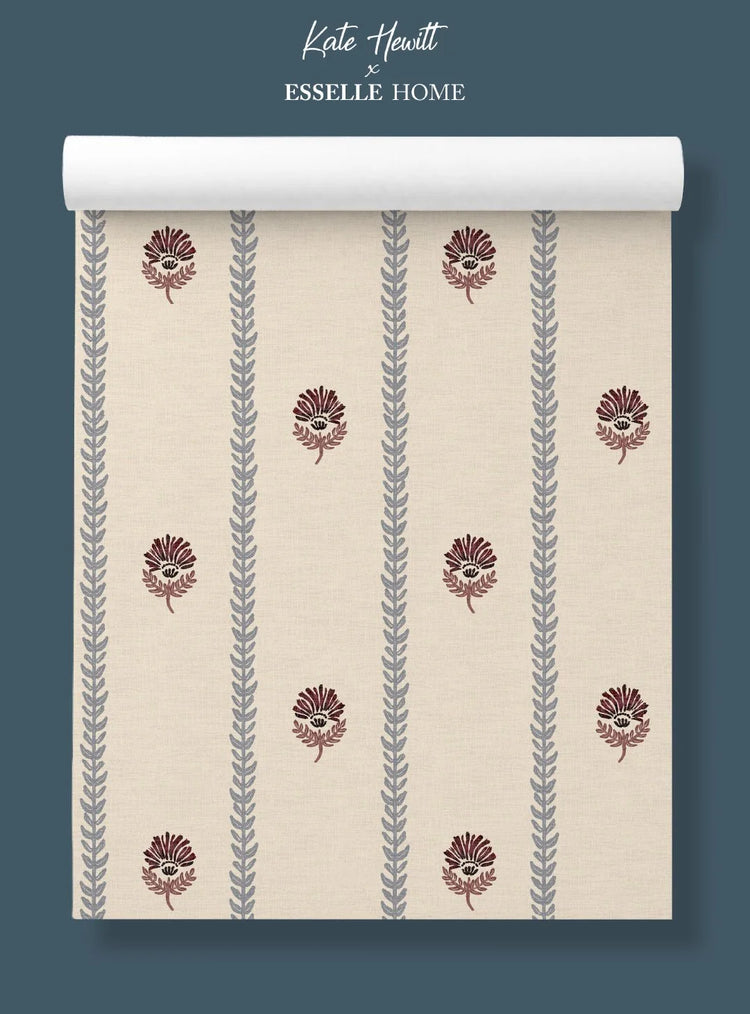 Thistle Trail Stripe Blue & Burgundy Wallpaper