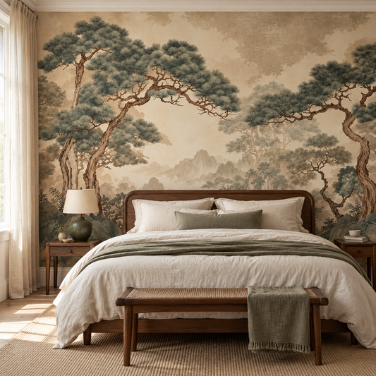 Retro Japanese wall mural with a gold fir tree pattern