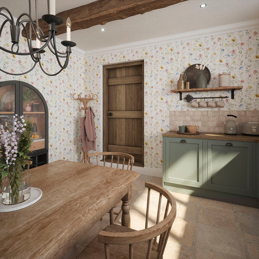 Delicate Stems Wallpaper in Soft Pastels on Linen