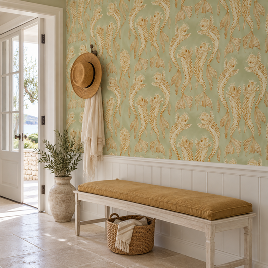Sage & Gold Fish Wallpaper