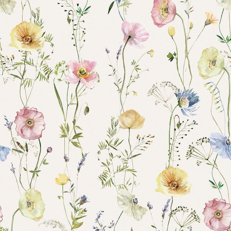 Delicate Stems Wallpaper in Soft Pastels on Linen