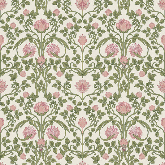 Tulip Garden Wallpaper in Sweet Pink and Olive on Cream