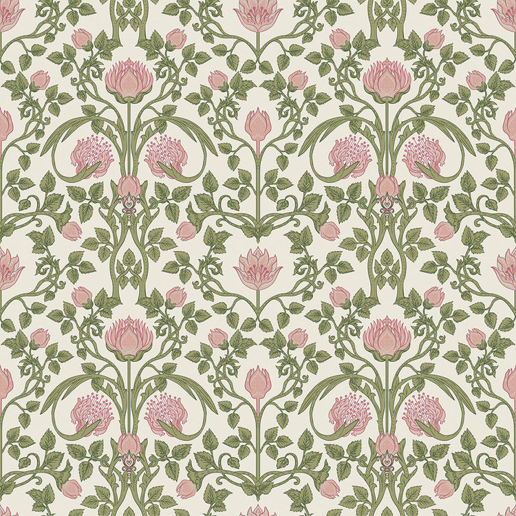 Tulip Garden Wallpaper in Sweet Pink and Olive on Cream