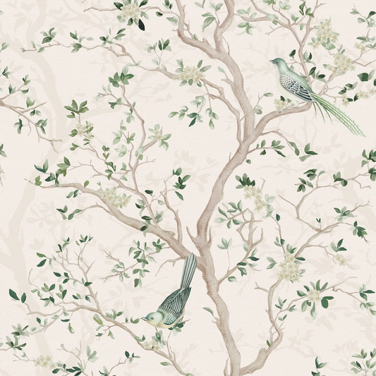 Branches and Birdsong Wallpaper in Sage on Vintage Cream