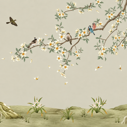 Hand-painted Chinese wall mural featuring floral and bird motifs