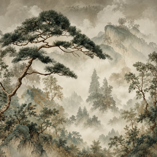 Retro Japanese wall mural with a gold fir tree pattern