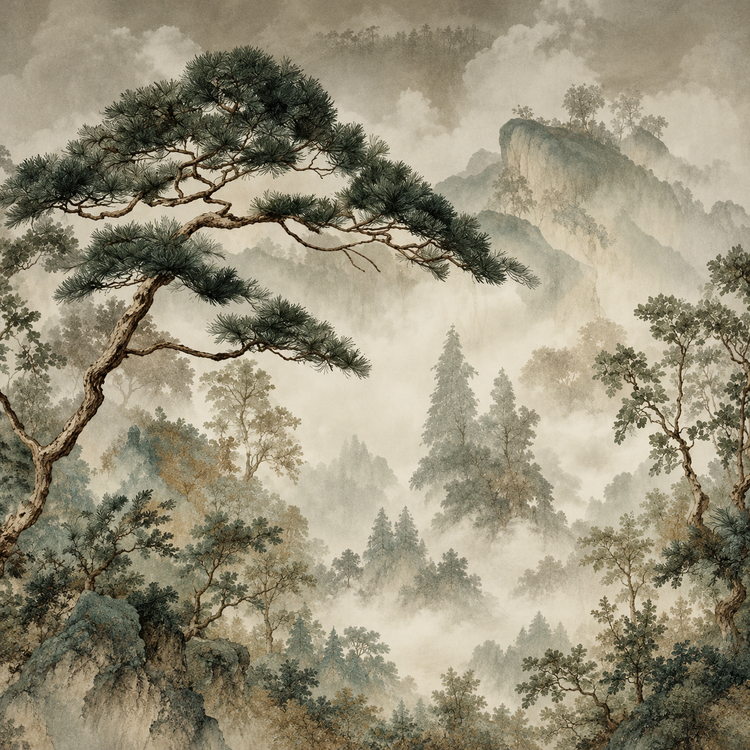 Retro Japanese wall mural with a gold fir tree pattern