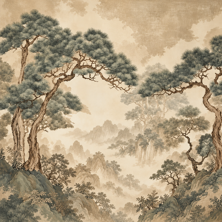 Retro Japanese wall mural with a gold fir tree pattern