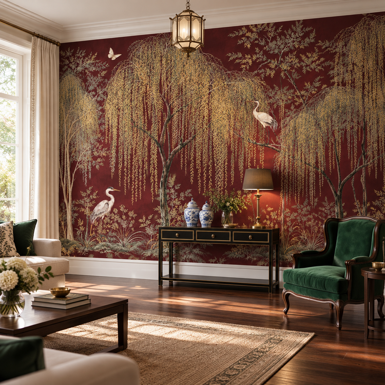 Customized Mural Featuring Chinese Style Willow Tree Wallpaper