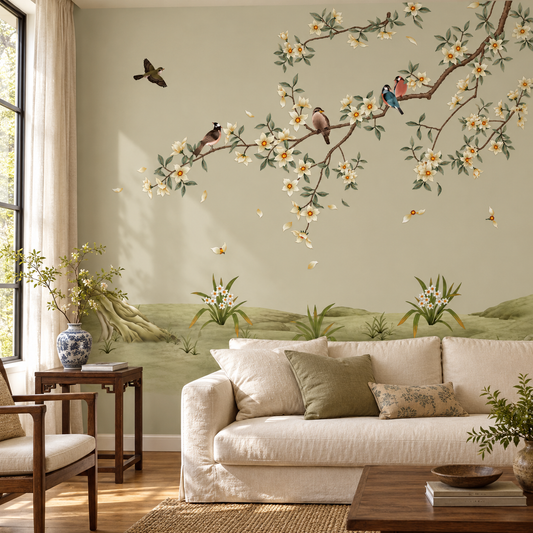 Hand-painted Chinese wall mural featuring floral and bird motifs