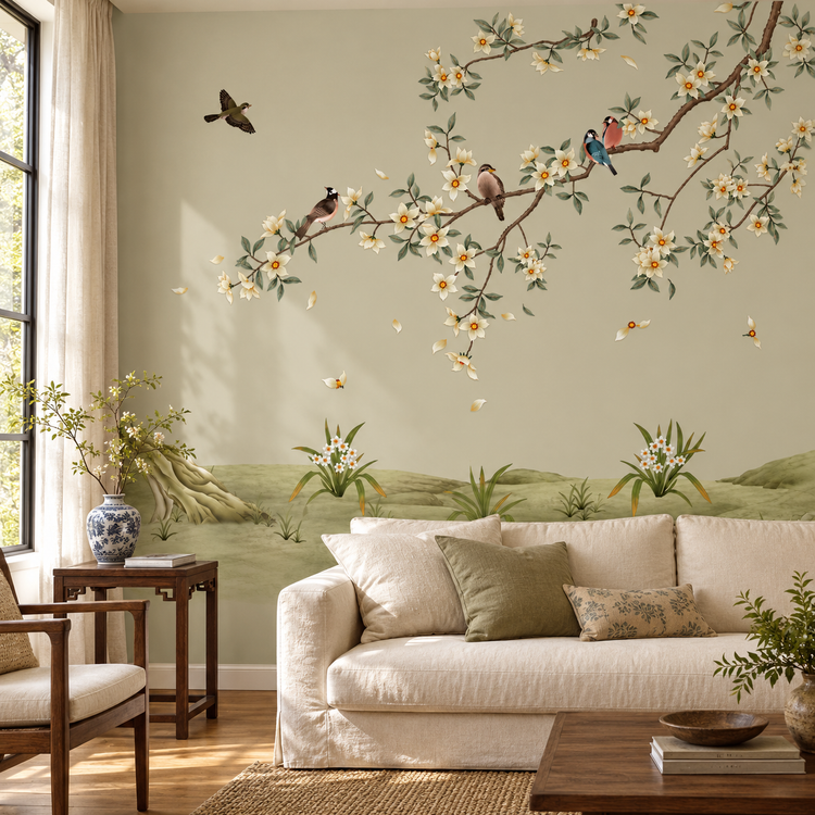 Hand-painted Chinese wall mural featuring floral and bird motifs