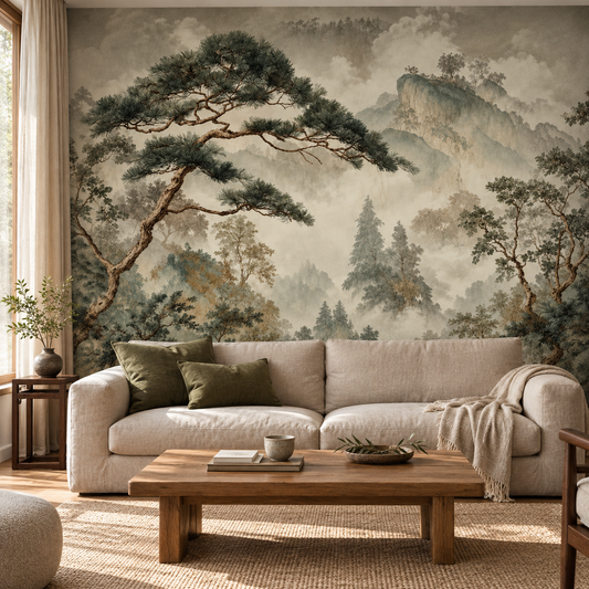 Retro Japanese wall mural with a gold fir tree pattern