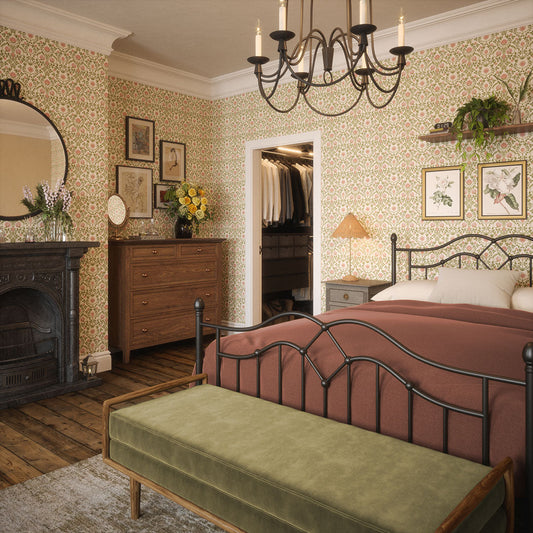 Tulip Garden Wallpaper in Sweet Pink and Olive on Cream